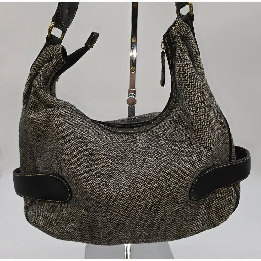 Chaps Tweed & Leather Hobo Shoulder Bag With Brass Accents old money academia